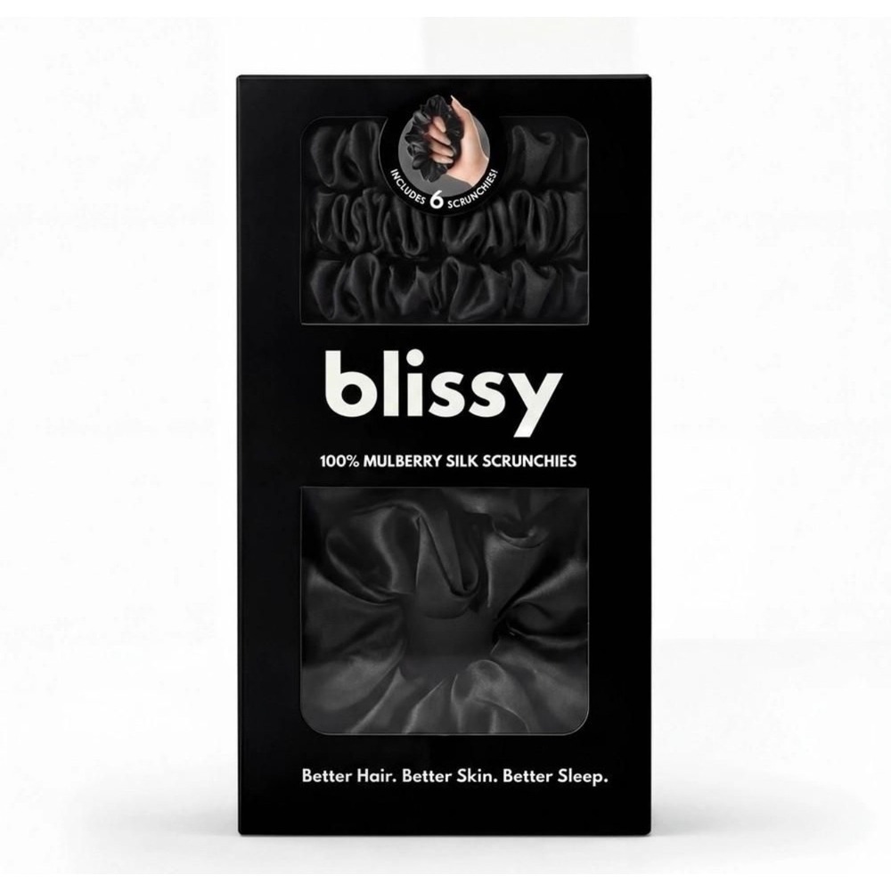 Blissy 100% Mulberry Silk Scrunchies Black 6-Pack Set Hair Accessories New